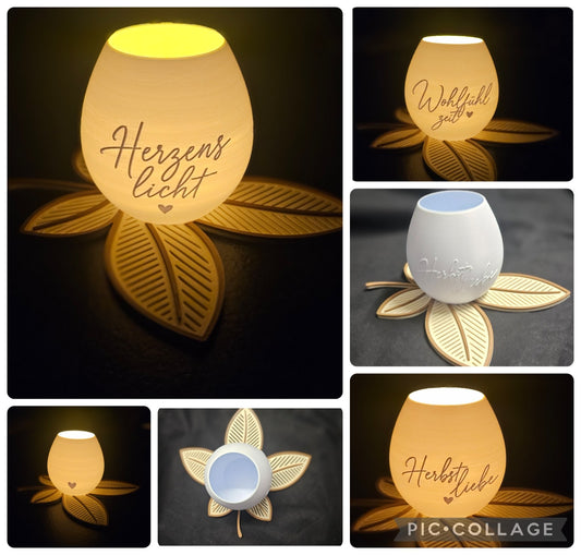 🕯️ Herzenslicht – dekoratives LED-Windlicht mit Blätter-Untersetzer 🕯️